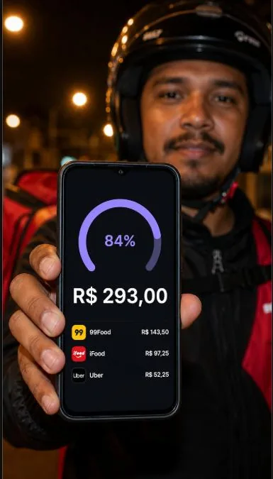 Entregador confiante mostrando o celular com o painel do FechouQuanto em 84% da meta